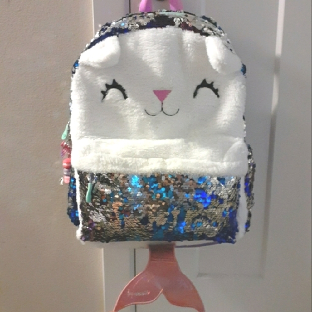 Girls Furry Cat Mermaid Sequin Backpack Tween Kids